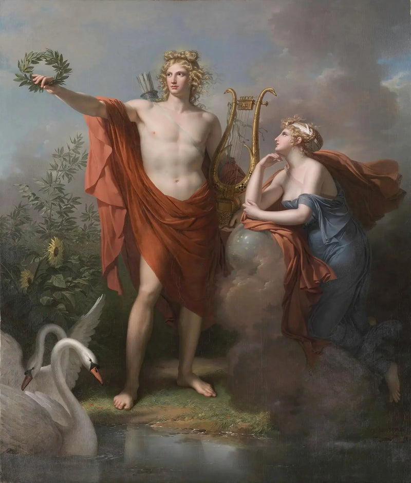 Apollon, ljusets gud, eloquensens och de sköna konsternas gud, tillsammans med Urania, muse som styr över astronomi - Charles Meynier
