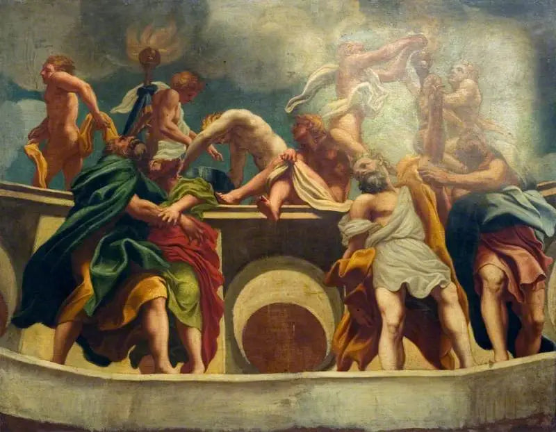 Apostlar och änglar vid Marias upptagning (kopi av fresken i kupolen i katedralen i Parma) - Antonio da Correggio