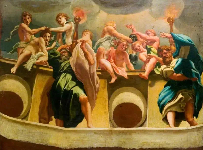 Apostlar och änglar vid Marias upptagning (kopi av fresken i kupolen i katedralen i Parma) - Antonio da Correggio