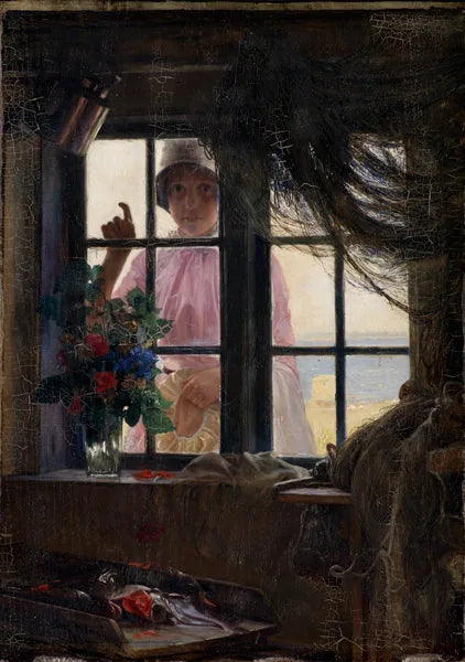 Efter badet. En ung flicka knackar på fiskarens fönster. - Carl Heinrich Bloch