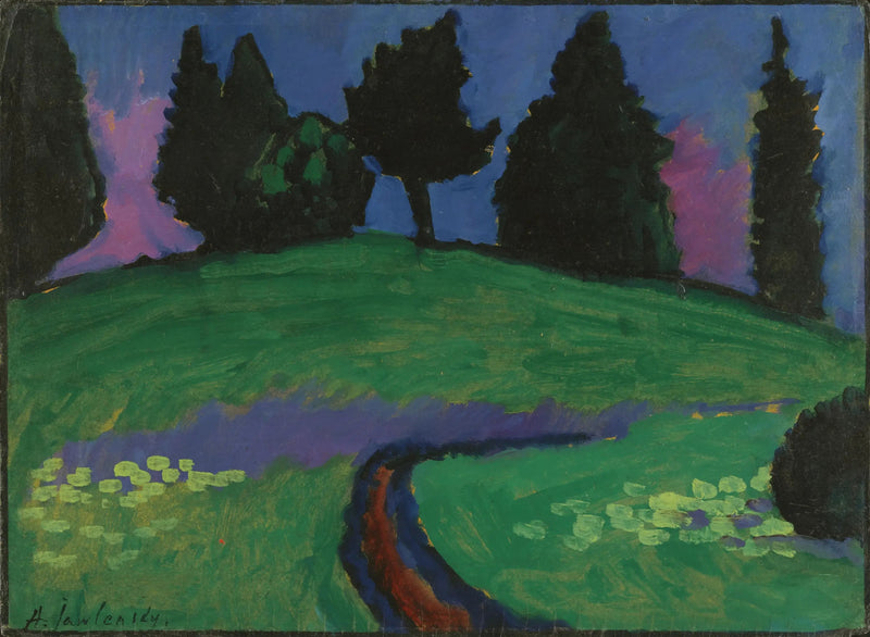 Mörka träd på en grön sluttning - Alexej von Jawlensky