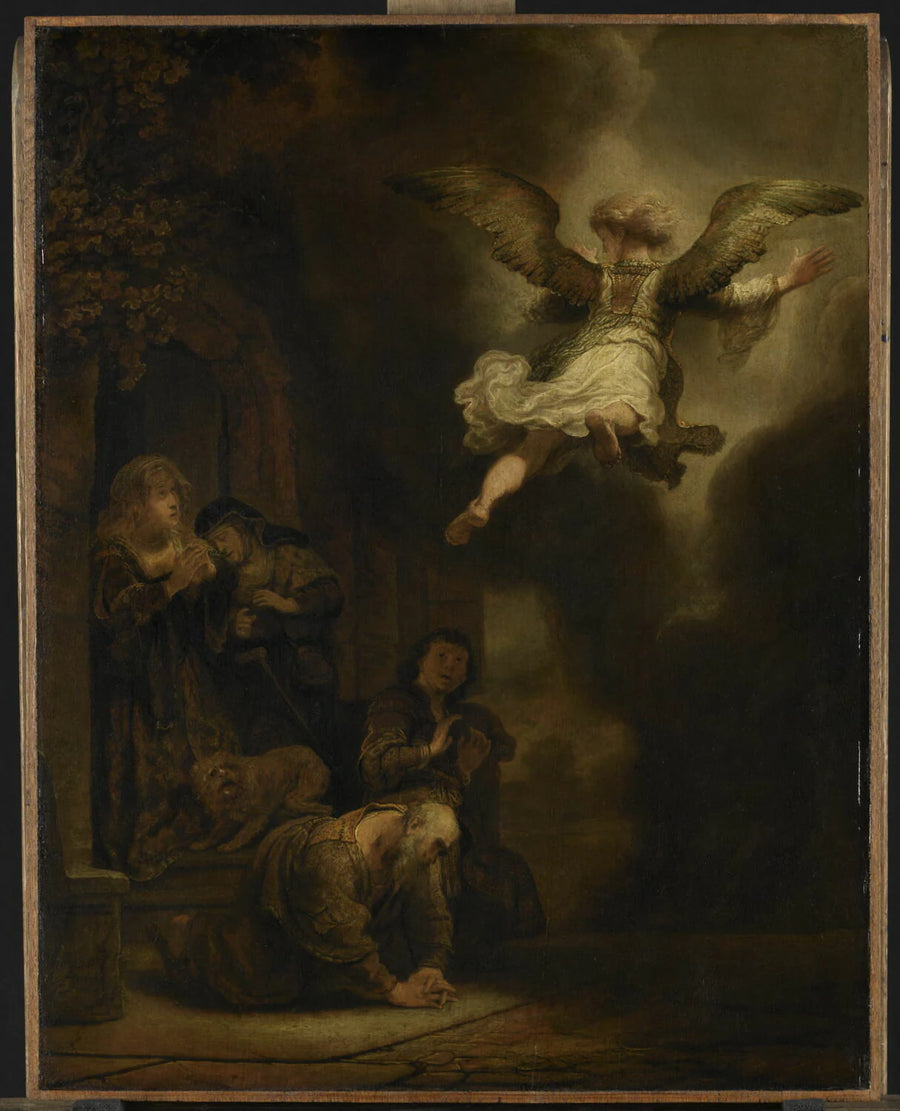 L'Archange Raphaël quittant la famille de Tobie ou Tobie et sa famille prosternés devant l'ange - Rembrandt
