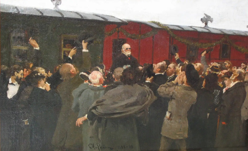 Nikolaï Ivanovitch Pirogovs ankomst till Moskva i samband med firandet av hans 50-årsjubileum av vetenskapliga aktiviteter. - Ilya Repin