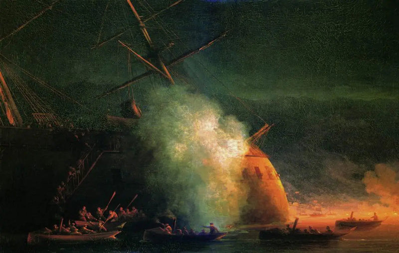 Gruppattack av båtar mot passagerfartyget Grand-Duc Konstantin, det ottomanska slagskeppet Assari-Shevket, i Soukhoum-viken den 12 augusti 1877 - Ivan Aïvazovski