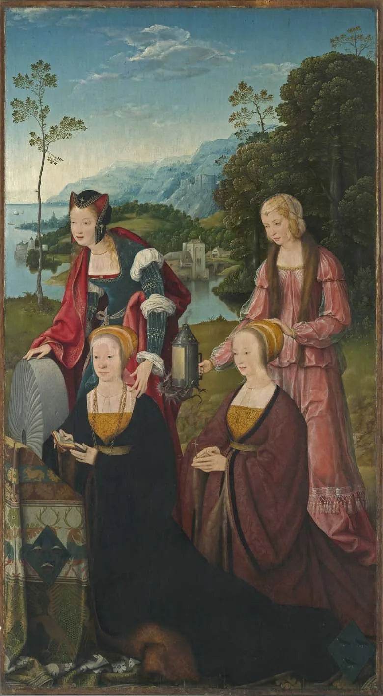 Autel de Marientod: Saintes Christine et Gudule avec les donatrices Christine et Sibilla Hackeney derrière; à l’extérieur: Saints Sébastien et Roch - Joos van Cleve