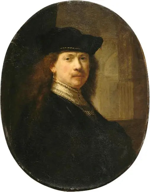 Självporträtt med toque mot en arkitektonisk bakgrund - Rembrandt