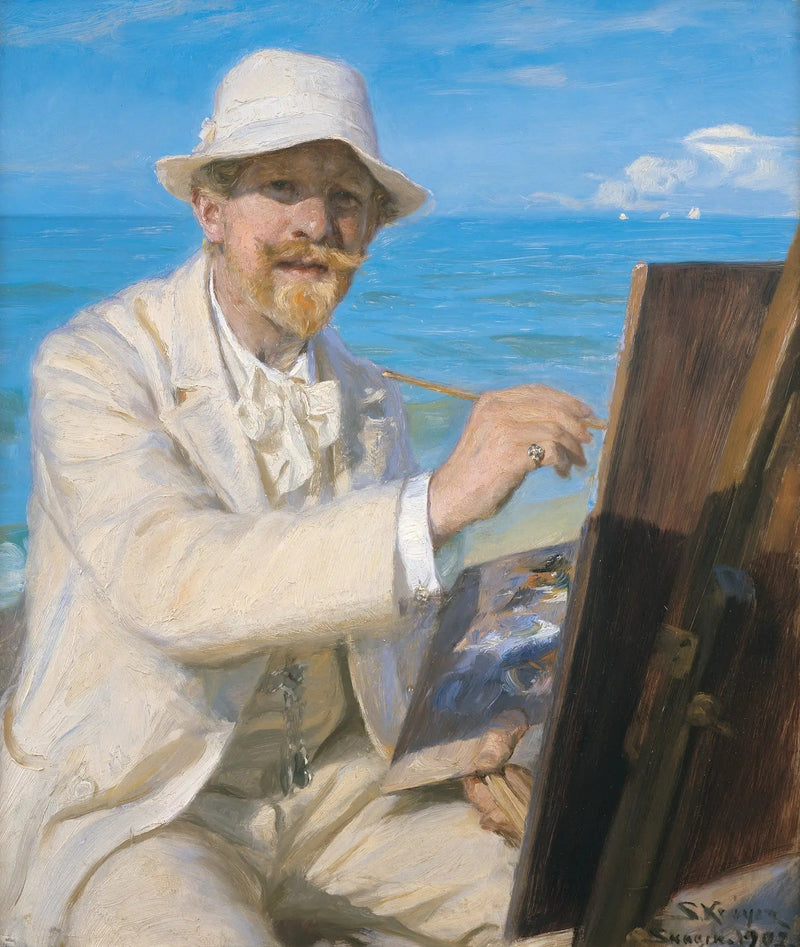 Självporträtt, sittande vid sin staffli på Skagen-stranden - Peder Severin Krøyer