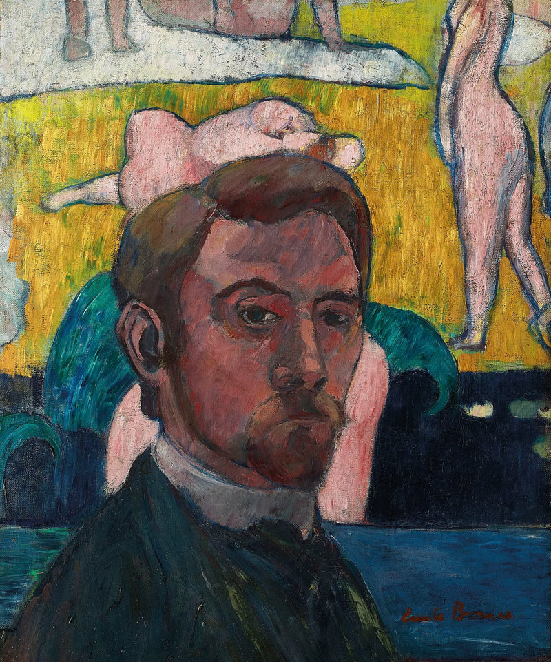 Självporträtt med målningen « Baigneuses à la vache rouge » - Émile Bernard