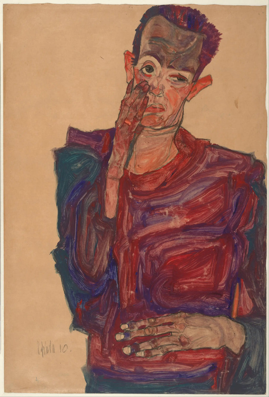 Självporträtt med sänkt ögonlock - Egon Schiele