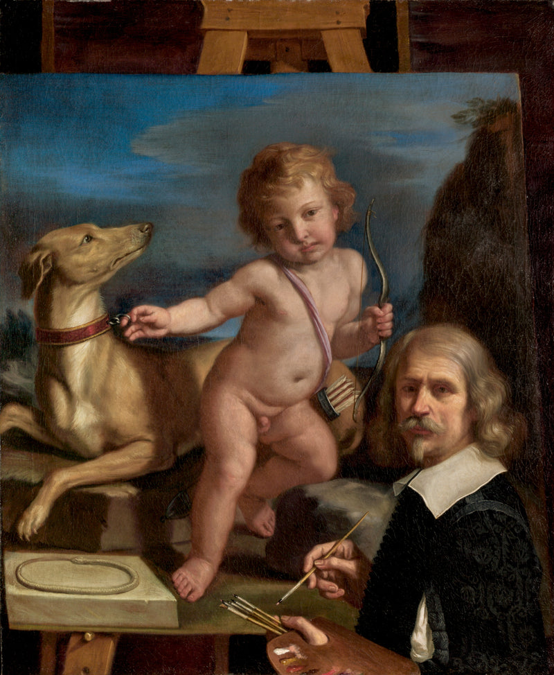 Självporträtt framför en målning föreställande « Amor Fedele » - Guercino