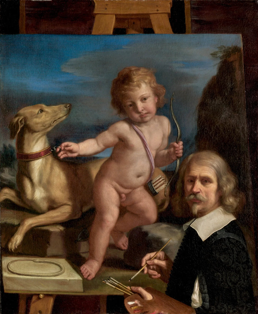 Självporträtt framför en målning föreställande « Amor Fedele » - Guercino