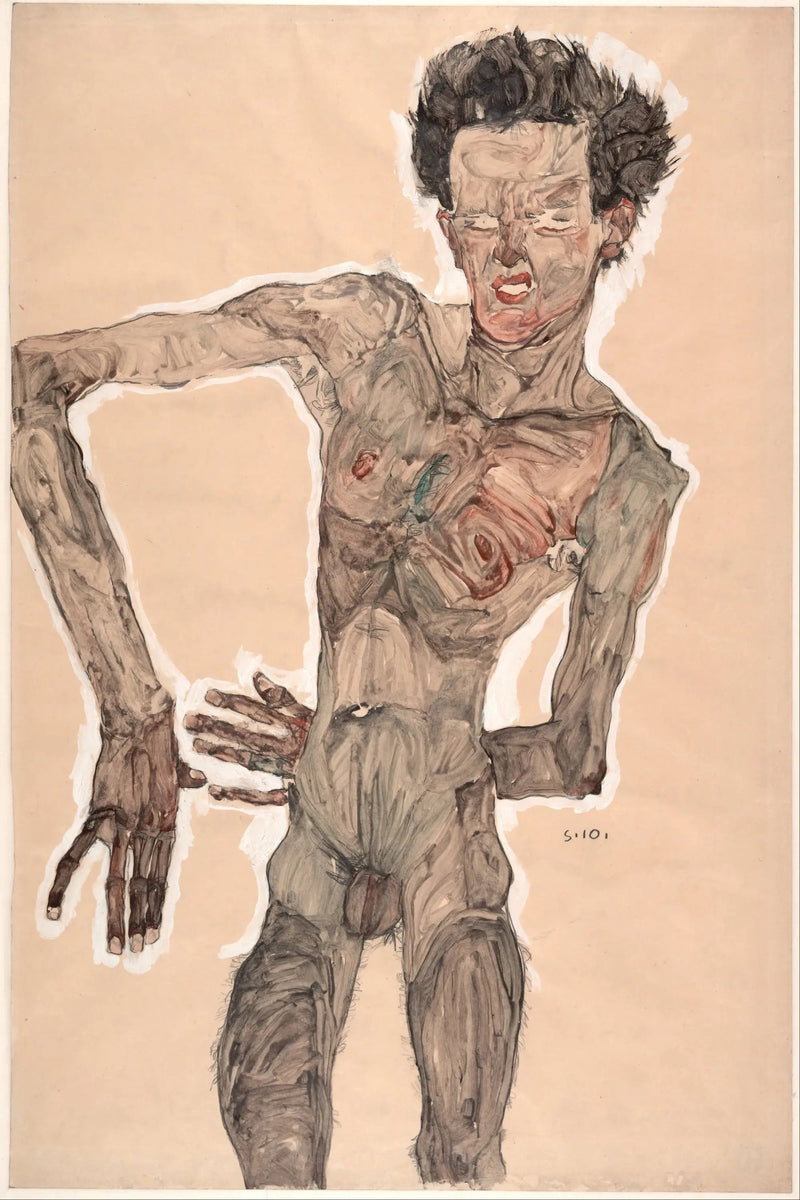 Självporträtt naken med grimas - Egon Schiele