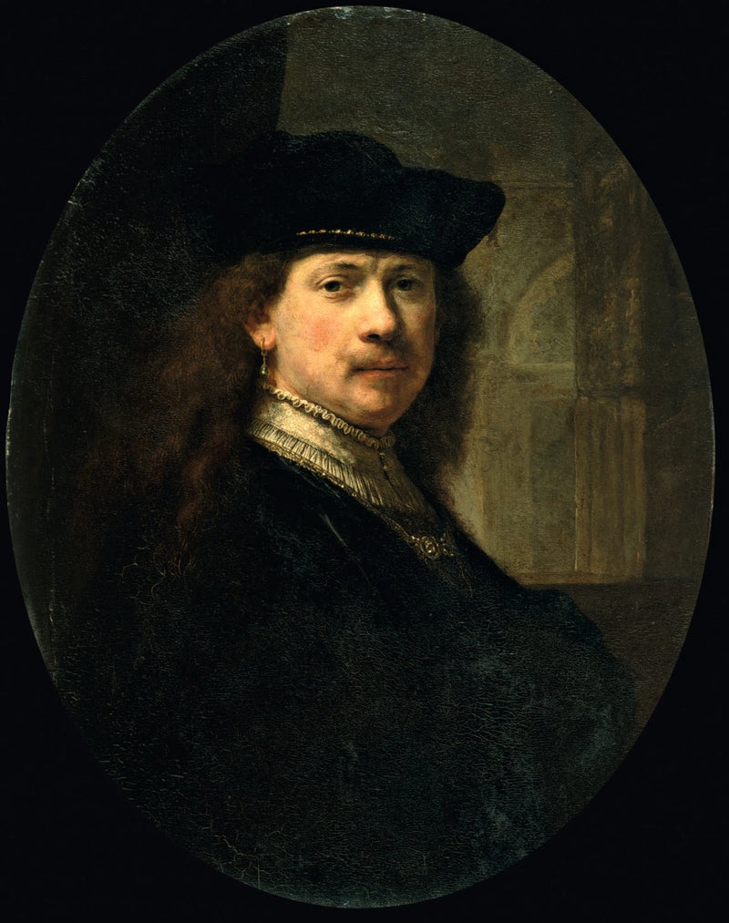 Självporträtt med toque mot en arkitektonisk bakgrund - Rembrandt