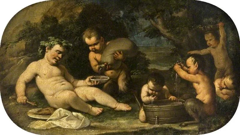 Bacchus och faunerna som småbarn - Luca Giordano