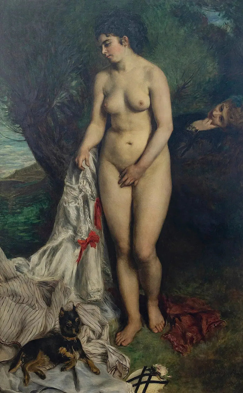 Badande kvinna med en griffon eller Lise vid Seine-stranden - Pierre-Auguste Renoir
