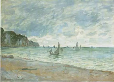 Fiskebåtar framför stranden och klipporna vid Pourville - Claude Monet