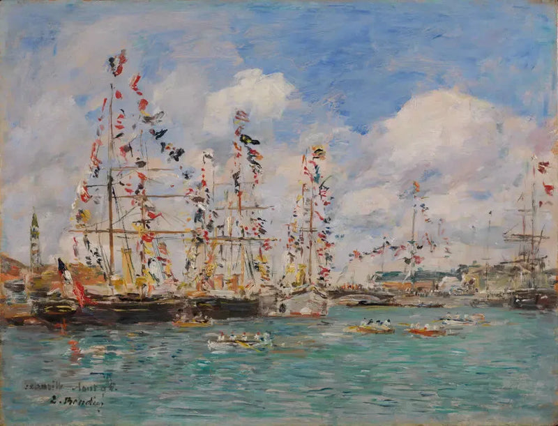Dekorerade båtar med flaggor i hamnen i Deauville - Eugène Boudin