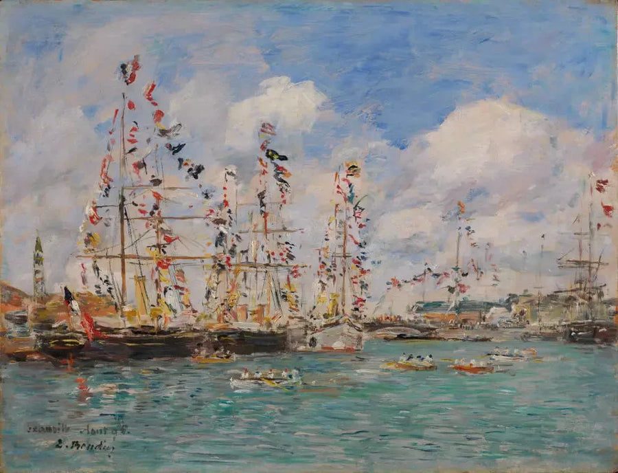 Dekorerade båtar med flaggor i hamnen i Deauville - Eugène Boudin
