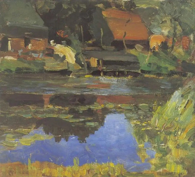 Byggnader vid vattnet med en tvättstuga - Piet Mondrian