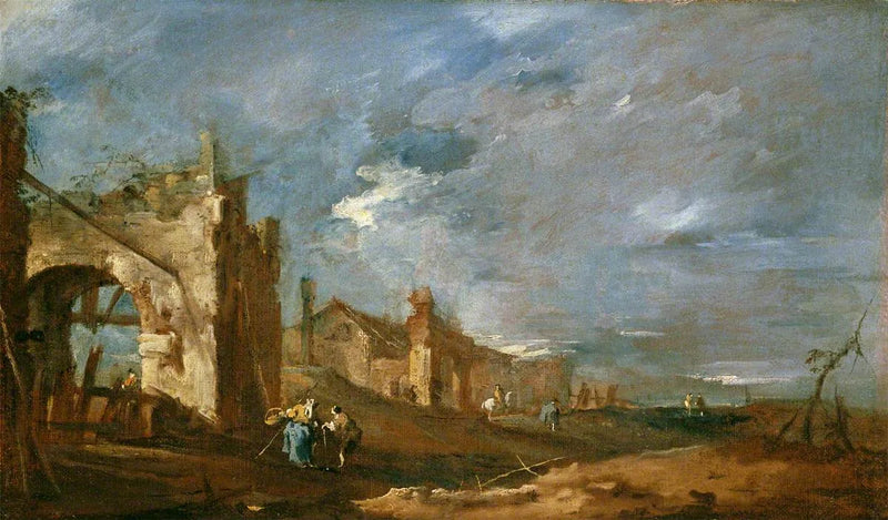 Ruinösa byggnader och personer vid lagunens kant - Francesco Guardi