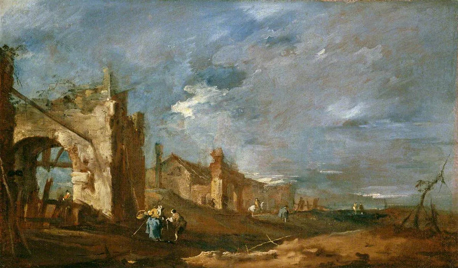 Ruinösa byggnader och personer vid lagunens kant - Francesco Guardi