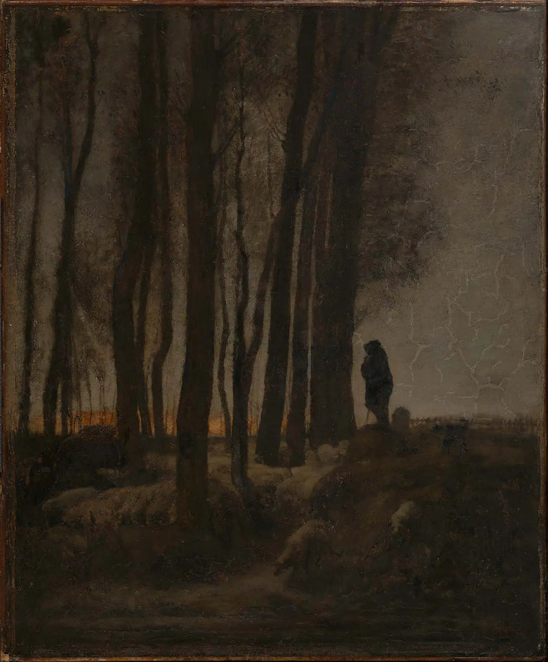Berger och fårflock vid skogskanten, kvällen - Jean-François Millet
