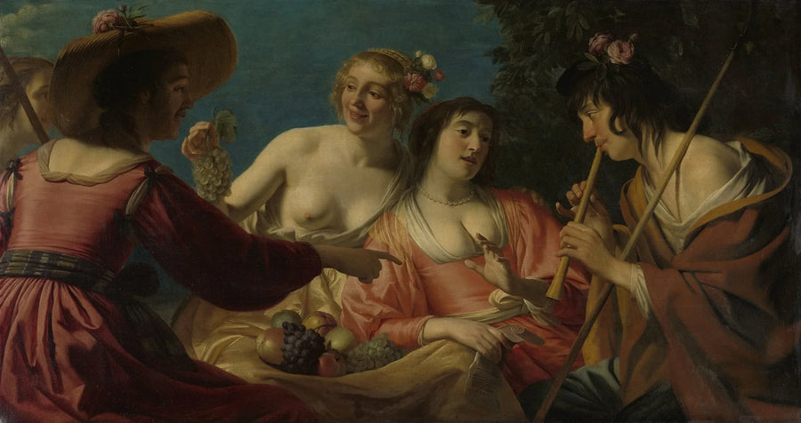Berger som spelar flöjt och fyra herdar - Gerrit van Honthorst
