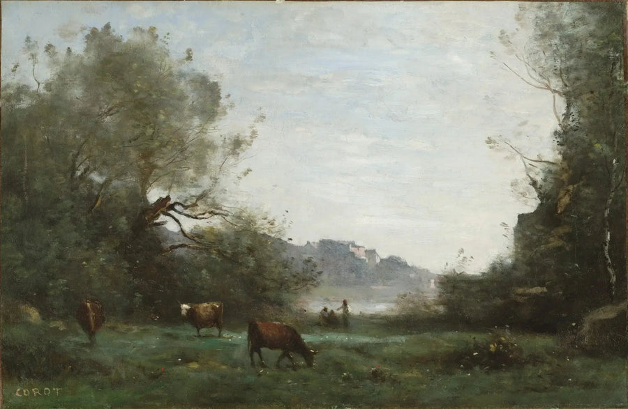 Boskap som betar i ett skogigt dalområde - Jean-Baptiste Camille Corot