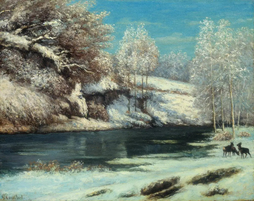Biches et chevreuil près d'une rivière - Gustave Courbet image 1 tableau peint à l’huile sur toile