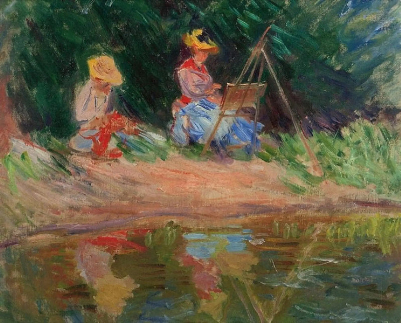 Blanche Monet målar med sin syster Suzanne vid vattnet - Claude Monet