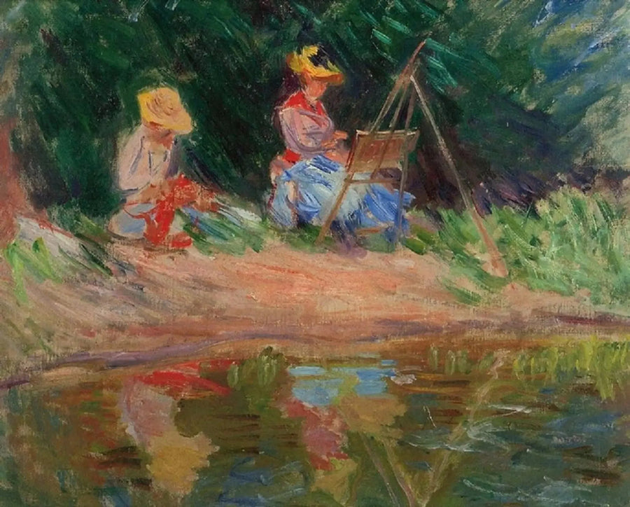 Blanche Monet målar med sin syster Suzanne vid vattnet - Claude Monet