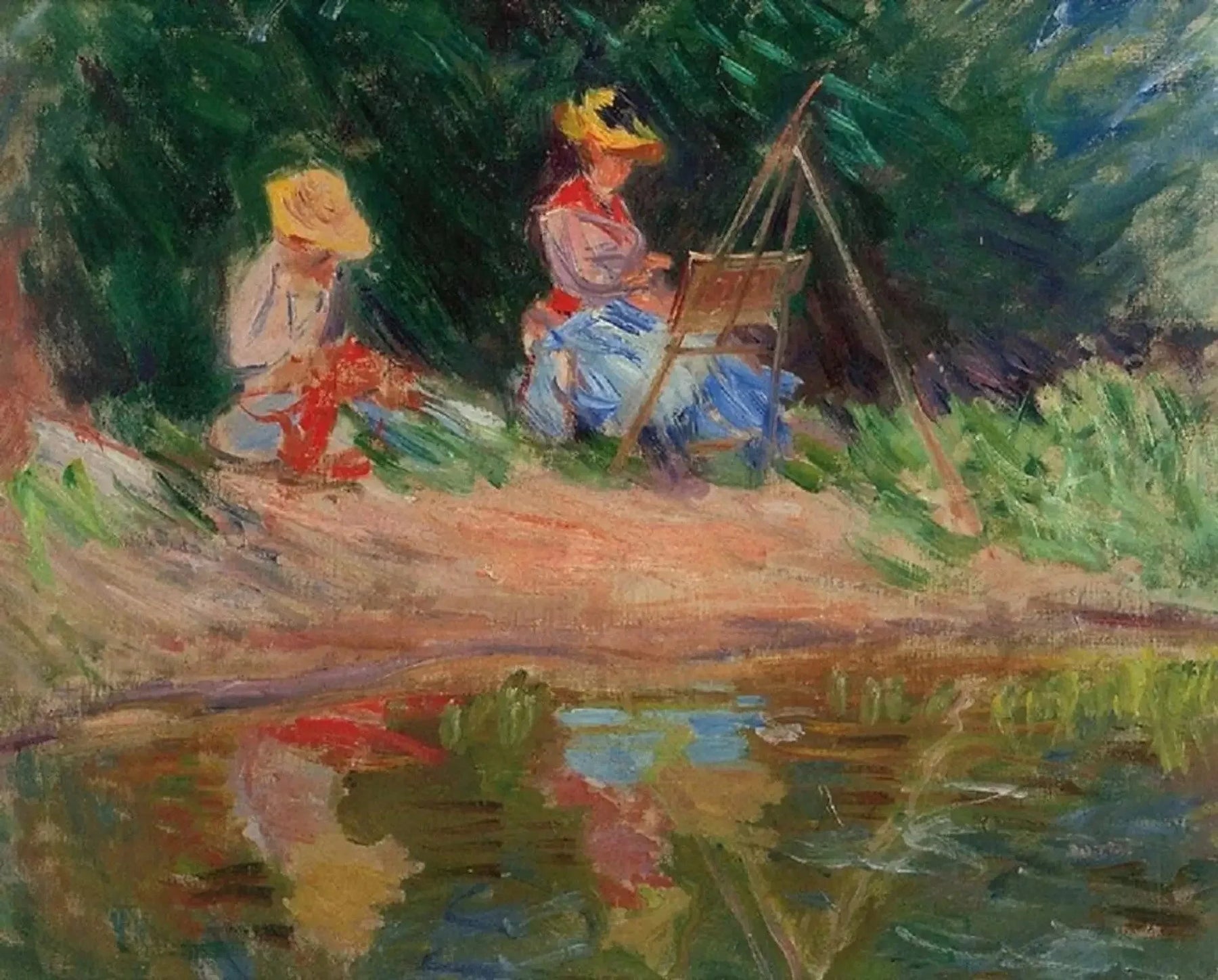 Blanche Monet peignant avec sa sœur Suzanne au bord de l’eau W1149 par Claude Monet