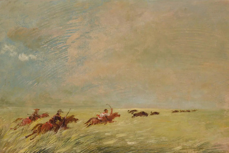 Bogard, Batiste och jag jagar bison i högt gräs mot en bakgrund av Missouri - George Catlin
