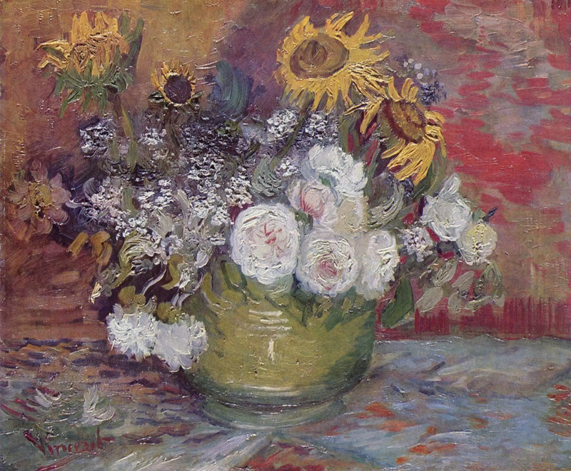 Skål med solrosor, rosor och andra blommor - Vincent van Gogh
