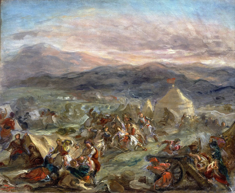 Botzaris överraskar det turkiska lägret och faller dödligt sårad - Eugène Delacroix