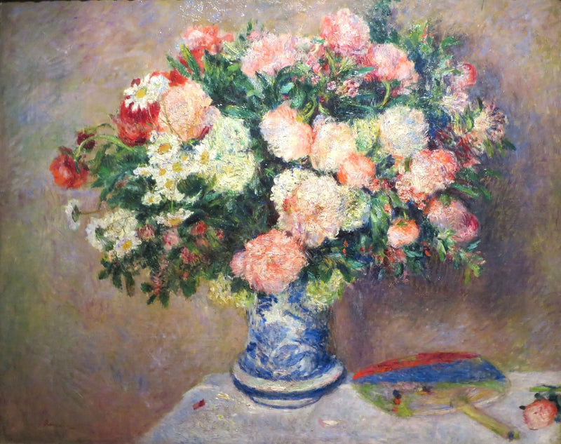 Bukett av krysantemum och en japansk fläkt - Pierre-Auguste Renoir