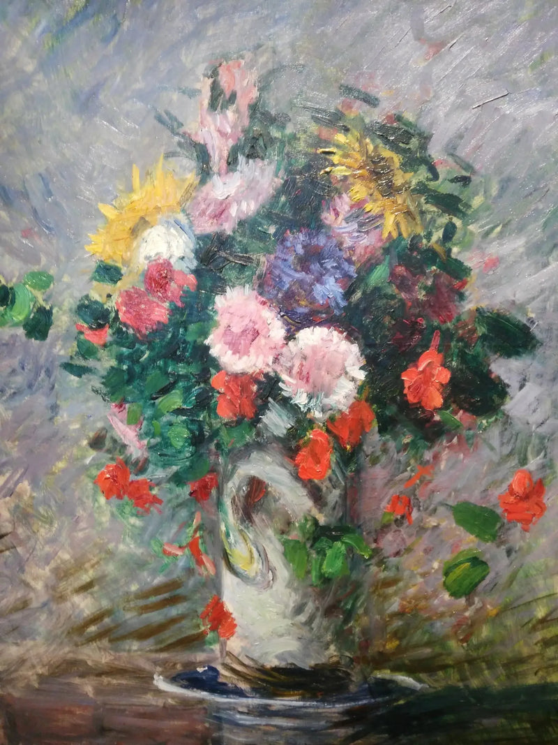 Bukett av prästkragar, kapkrassar och solrosor i en vas - Gustave Caillebotte