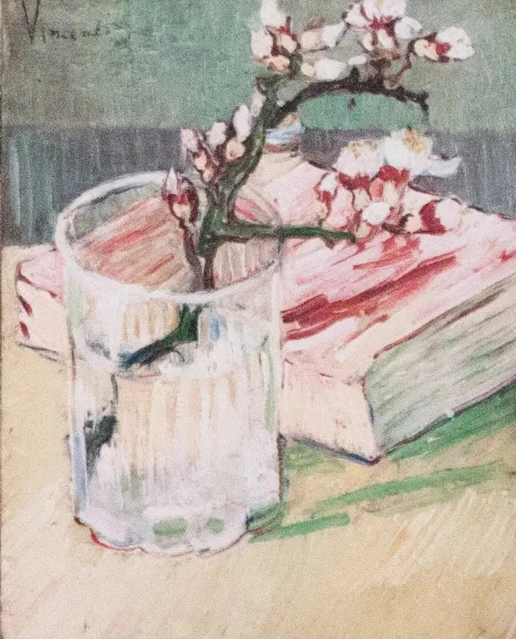 Mandelblommande gren i ett glas med en bok - Vincent van Gogh