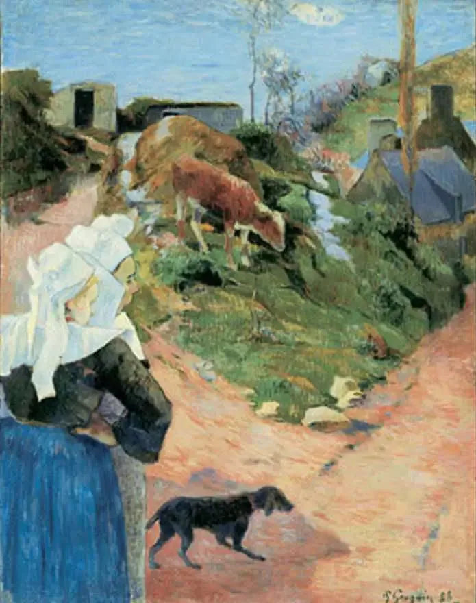 Bretons vid en vägkrök, eller Bretons och kalv - Paul Gauguin