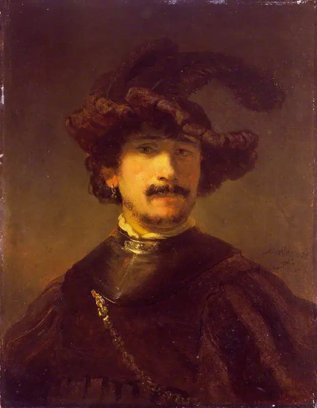 Manlig byst i gorgerin och fjäderhatt - Rembrandt
