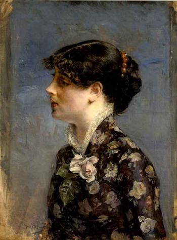 Byst av en ung brunett i profil, till vänster, i blommig blus - Giovanni Boldini
