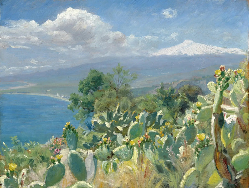 Blomstrande kaktusar nära Taormina. I bakgrunden, Etna täckt av snö. - Peder Severin Krøyer