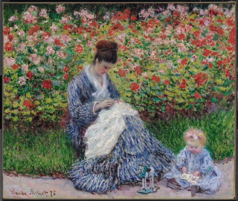 Camille Monet och ett barn i konstnärens trädgård i Argenteuil - Claude Monet