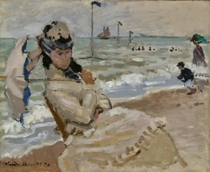 Camille på stranden i Trouville - Claude Monet