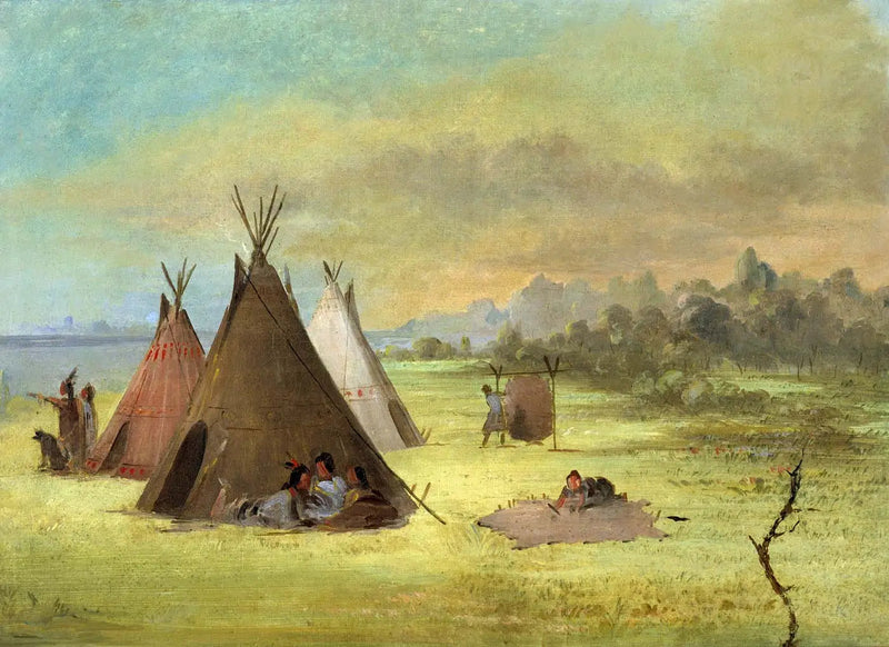 Indiansk läger, Comanche (eller Kiowa) som förbereder skinn, Rödfloden - George Catlin