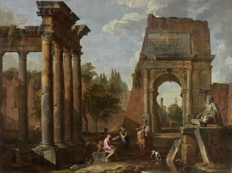 Arkitektoniskt capriccio, Titusporten med figurer - Giovanni Paolo Panini