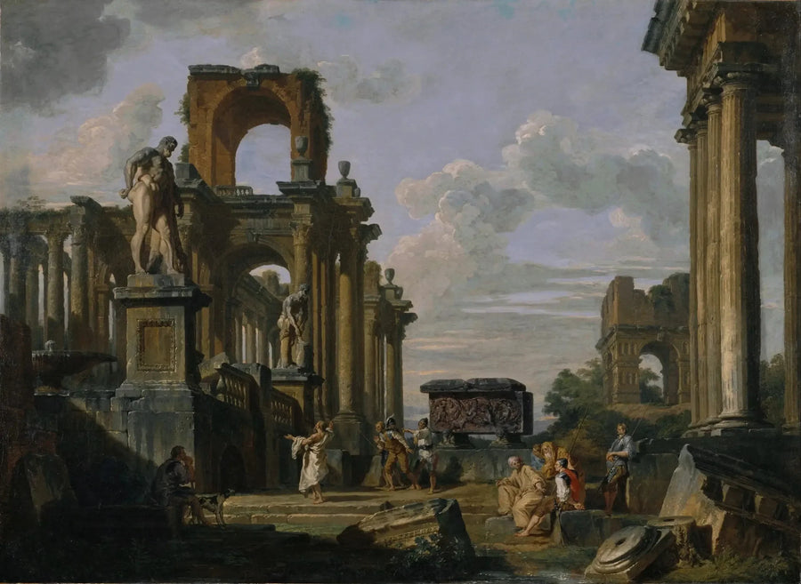 Arkitektoniskt capriccio av Forum Romanum med filosofer och soldater bland antika ruiner, inklusive Janus Quadrifrons-arcaden, Santa Constanzas sarkofag, Farnese-Herkules och Cincinnatus - Giovanni Paolo Panini