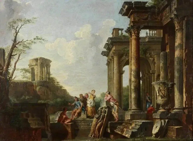 Arkitektoniskt capriccio, romerska ruiner med figurer - Giovanni Paolo Panini