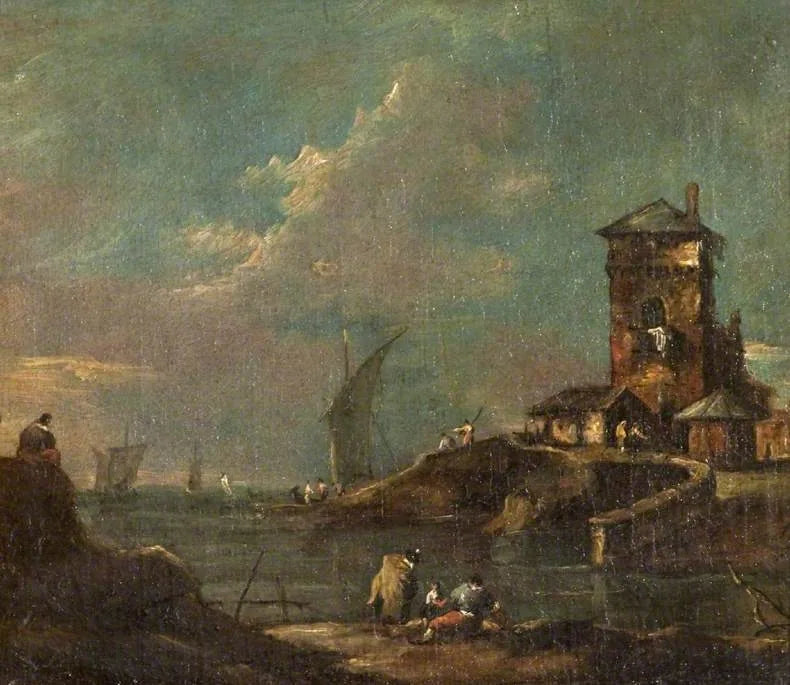 Capriccio med rustik torn, hus och båtar - Francesco Guardi