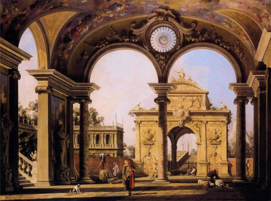 Capriccio med ett renässansbåge sett från portiken till ett palats - Canaletto